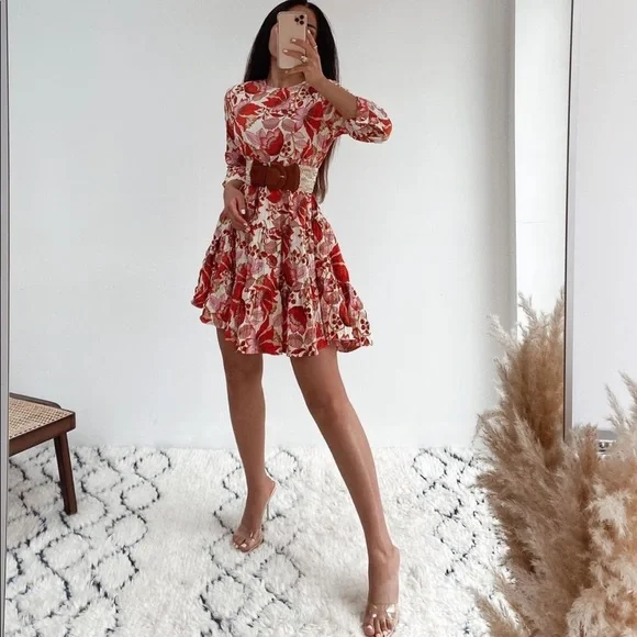 New Zara Mini Floral Dress S Red Pink - Picture 6 of 15